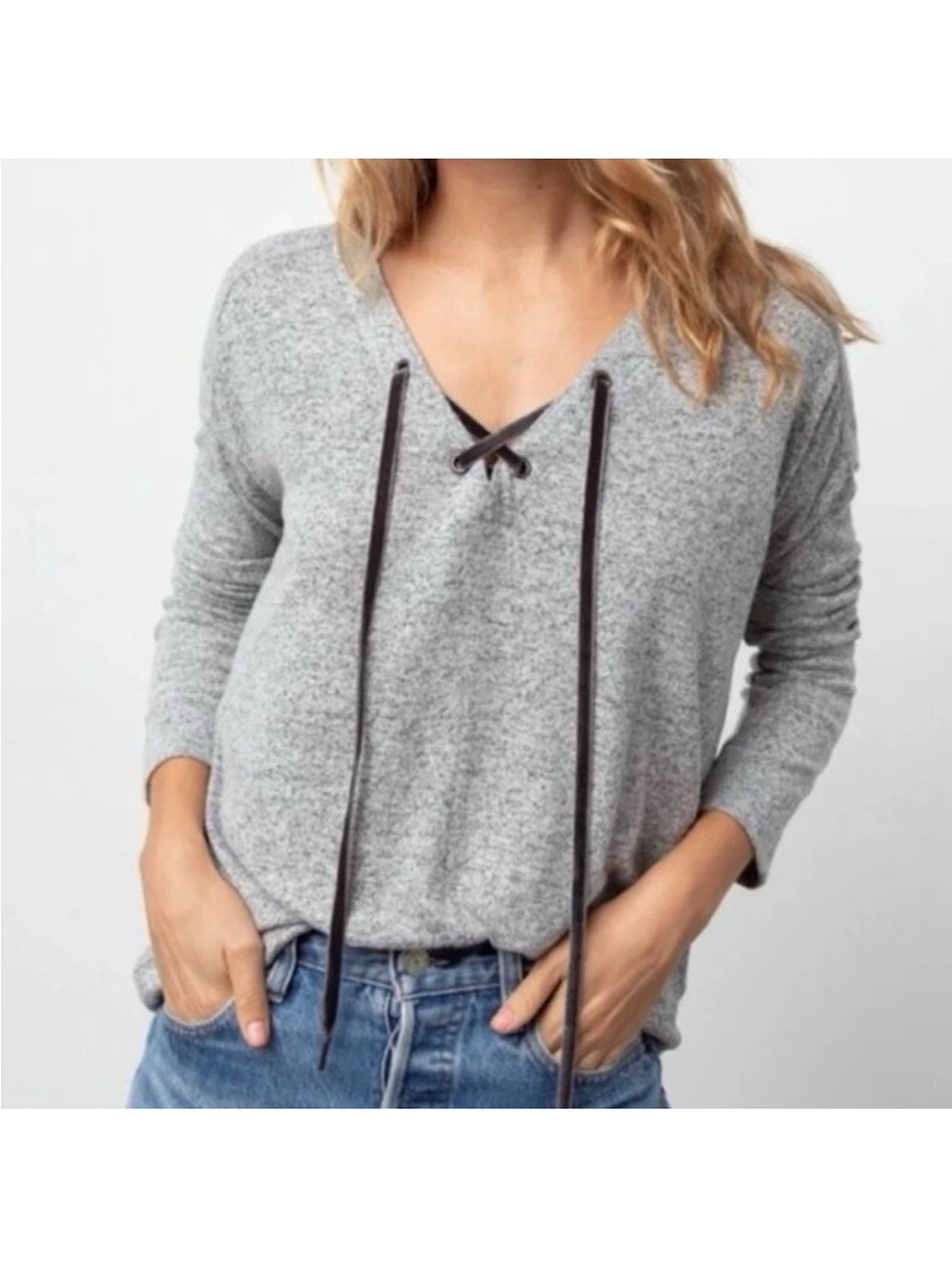 Rails Gray V-Neck Lace-Up Sweater with Dark Ties